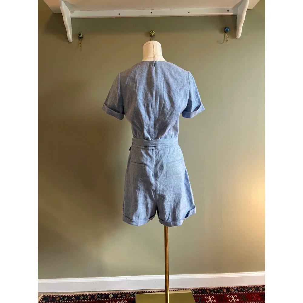 Banana Republic Womens Blue Linen Blend Chambray Wrap Romper Size 4 Short Sleeve